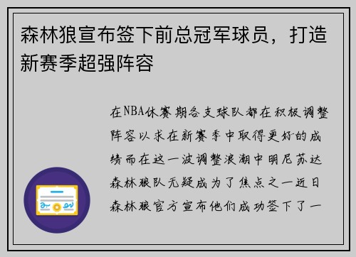 森林狼宣布签下前总冠军球员，打造新赛季超强阵容