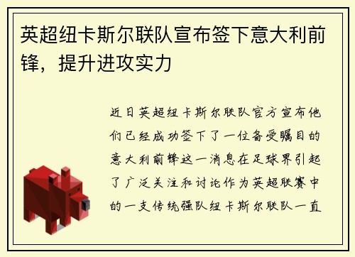 英超纽卡斯尔联队宣布签下意大利前锋，提升进攻实力