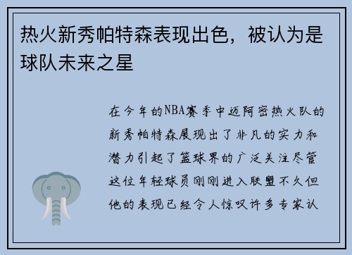 热火新秀帕特森表现出色，被认为是球队未来之星