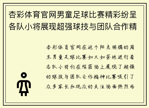 杏彩体育官网男童足球比赛精彩纷呈各队小将展现超强球技与团队合作精神